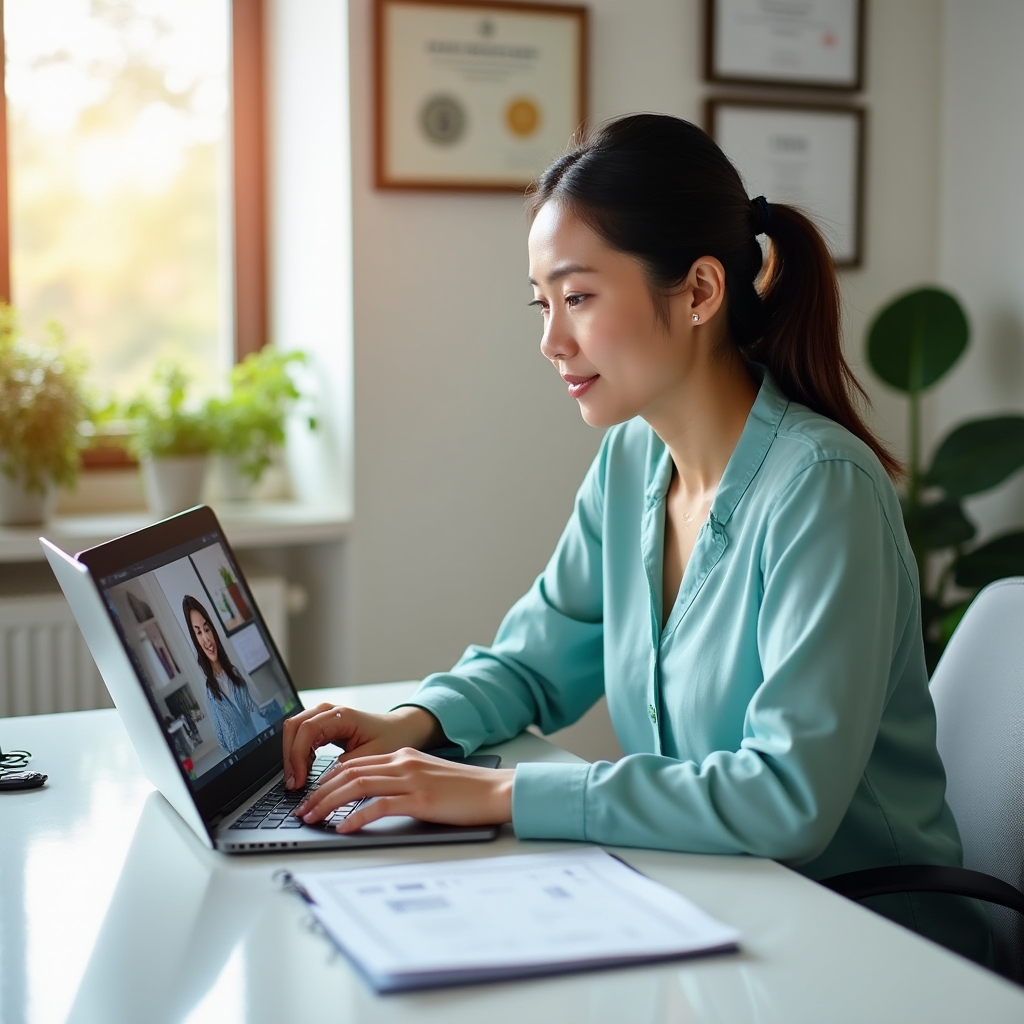 A dental practice manager on a video call with a consultant, reviewing a scheduling report on a laptop screen